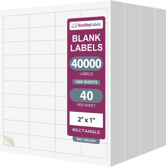 NextDayLabels – 2" x 1" Rectangular Sticker Labels for Printer - White Laser/Inkjet Printer Labels Return Address Labels Shipping Label Stickers (1000 Sheets, 40 Per Sheet, 40000 Labels)
