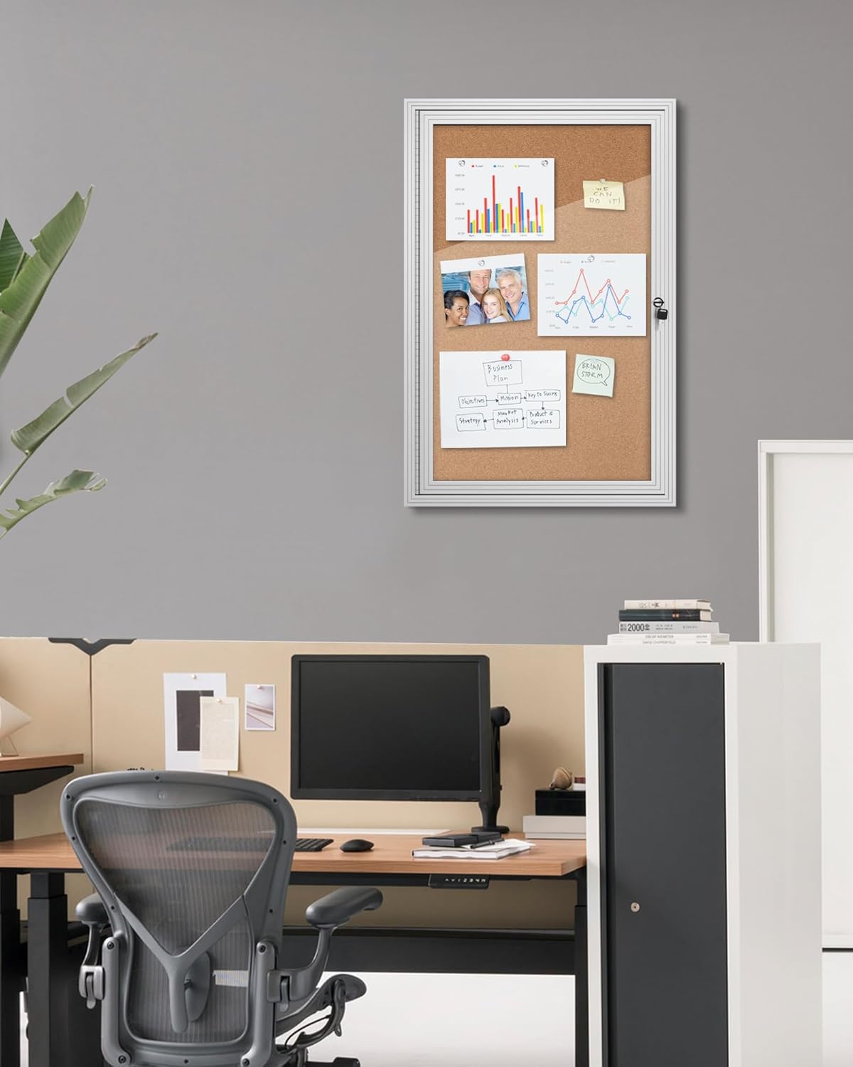 36"x24" Enclosed Bulletin Board, Outdoor Lockable Weather-Resistant Aluminum Cork Noticeboard for School & Office, Silver Frame w/Cork