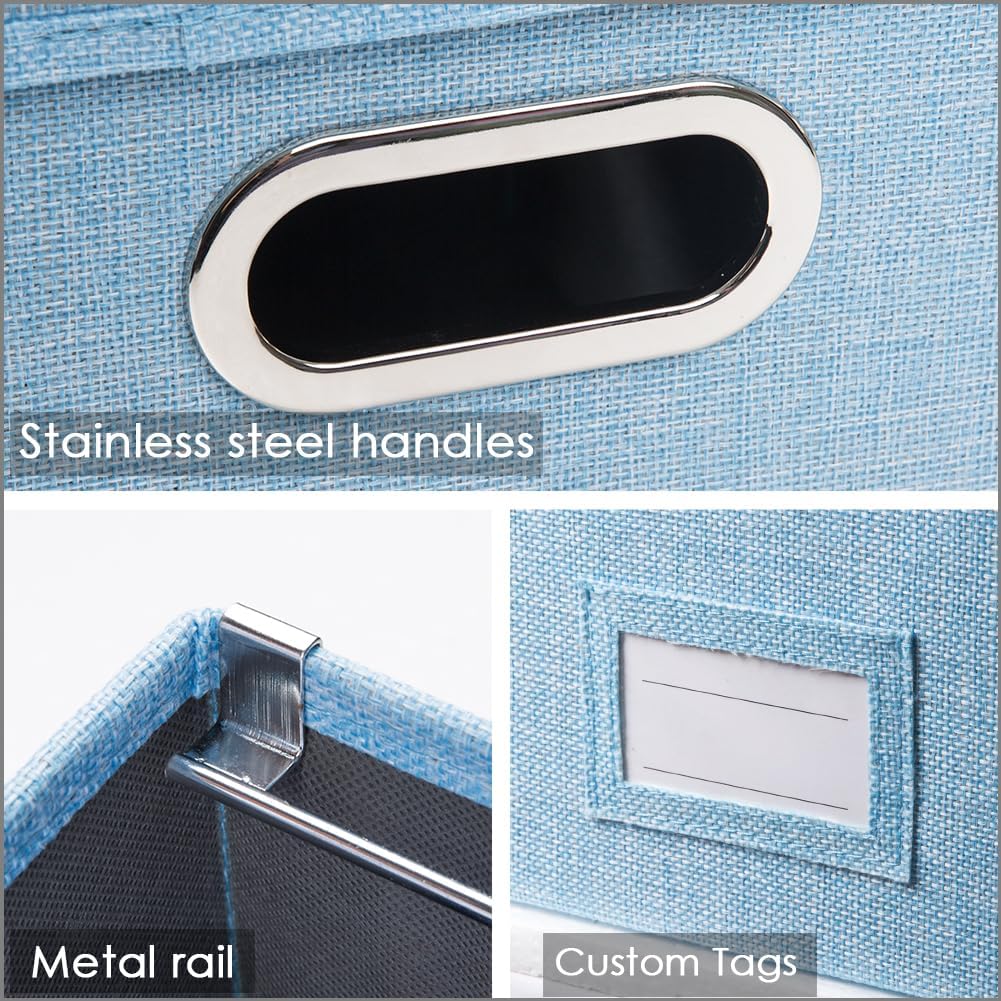 PRANDOM File Organizer Box - Set of 2 Collapsible Decorative Linen Filing Storage Hanging File Folders with Lids Office Cabinet Letter Size Blue (14x9.3x10.8 inch)