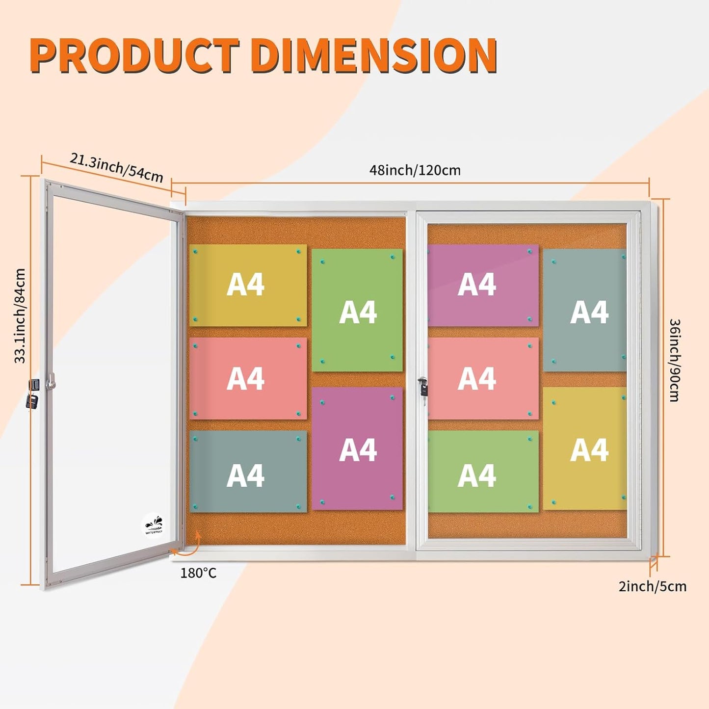 Outdoor Enclosed Cork Bulletin Board 44x32 Inch, Double Door Lockable Wall-Mounted Weatherproof Display Case, Tamperproof Notice Memo Poster Board with Aluminum Frame for Office, School, Community