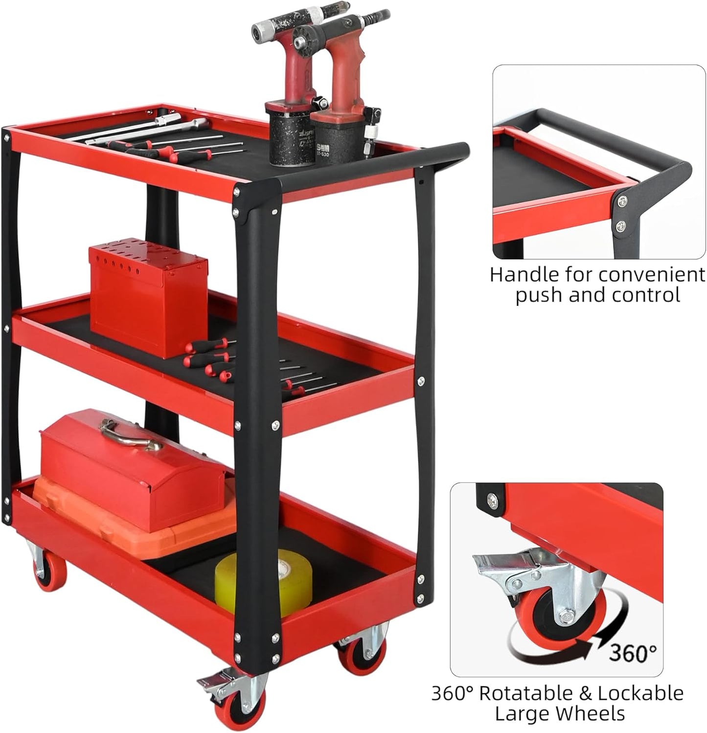 3 Tier Tool Cart with Wheels, Heavy-Duty Steel Utility Rolling Cart, 660 lbs Loading Capacity for Workshop, Garage, Warehouse, Repair Shop
