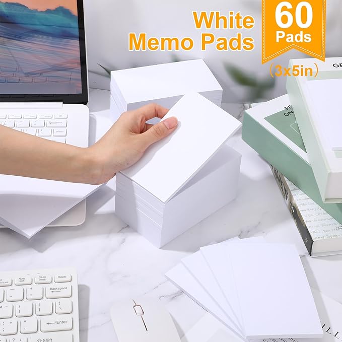 Fainne 3 x 5 Inch Paper Note Pads White Memo Pad Blank Writing Memo Scratch Paper for Waitress Waiter Book to Do Grocery List Small Notebook Restaurant Checkbook, White(60 Pack)