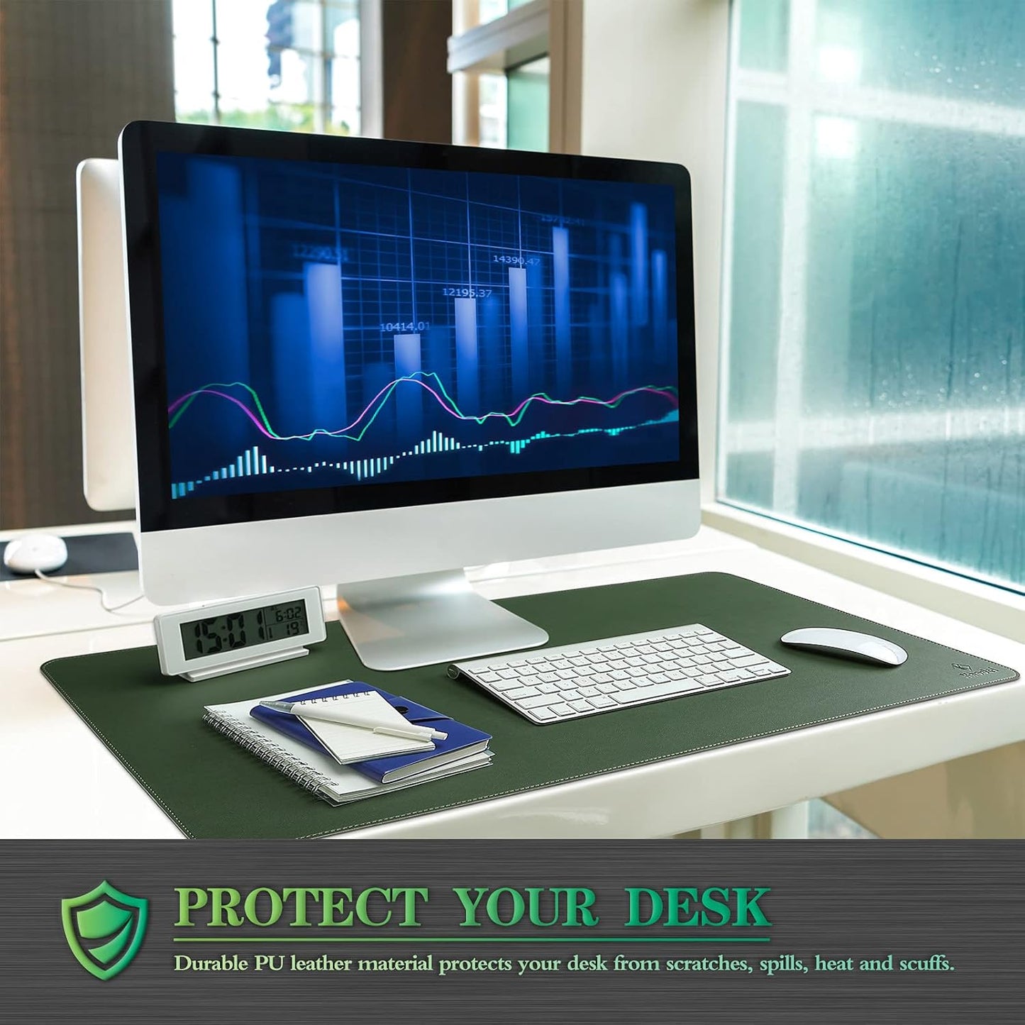 K KNODEL Desk Mat, Blotter, Dual-Sided Office Desk Pad, Waterproof Desk Mat for Desktop, Desk Blotters, PVC Leather Pad Protector (Dark Green, 35.4" x 17")