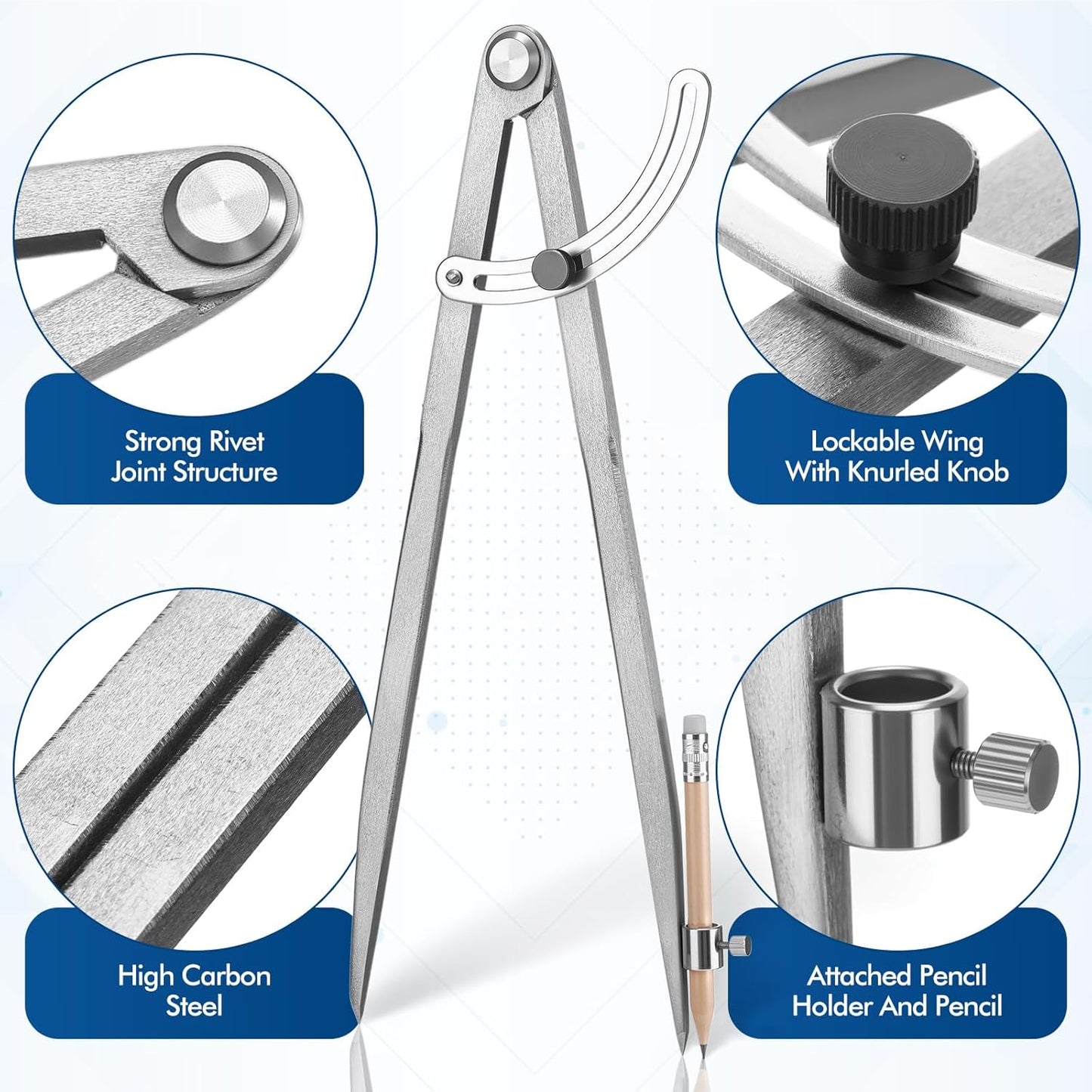 Zonon Professional 12 Inch Large Compass with Wing for Woodworking and 6 Inch Protractor Set, Pencil Compass for Geometry Math Carpenter, Drafting, Drawing Tool