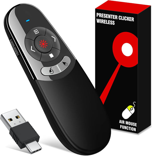 2 in 1 USB Type C Presentation Clicker Air Mouse with Red Light Pointer, Wireless Presenter for PowerPoint Presentation PPT Clicker, 2.4GHz Presenter Remote Slide Advancer for MacBook/Computer/Laptop