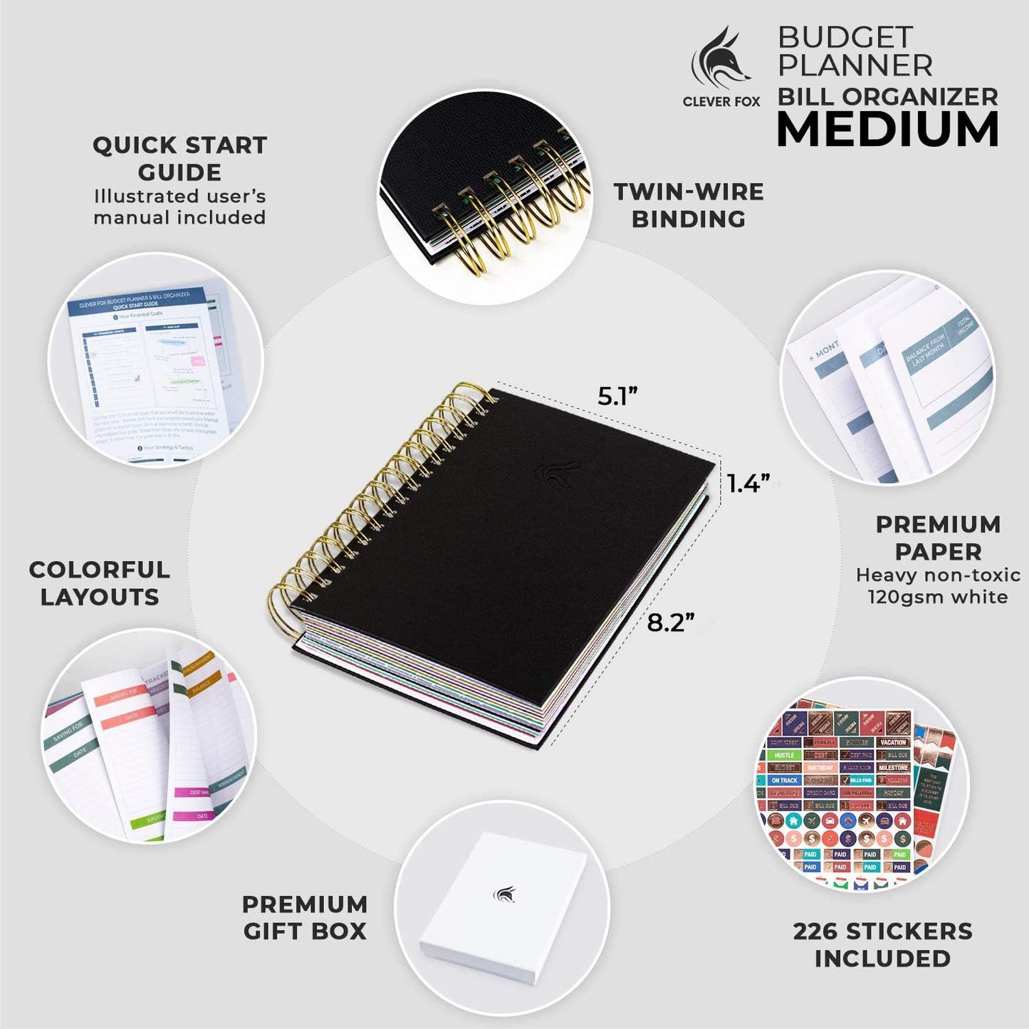 Clever Fox Budget Planner & Monthly Bill Organizer With Pockets. Expense Tracker, Budgeting Journal & Financial Book. Medium, 5.1x8.2" (Black)