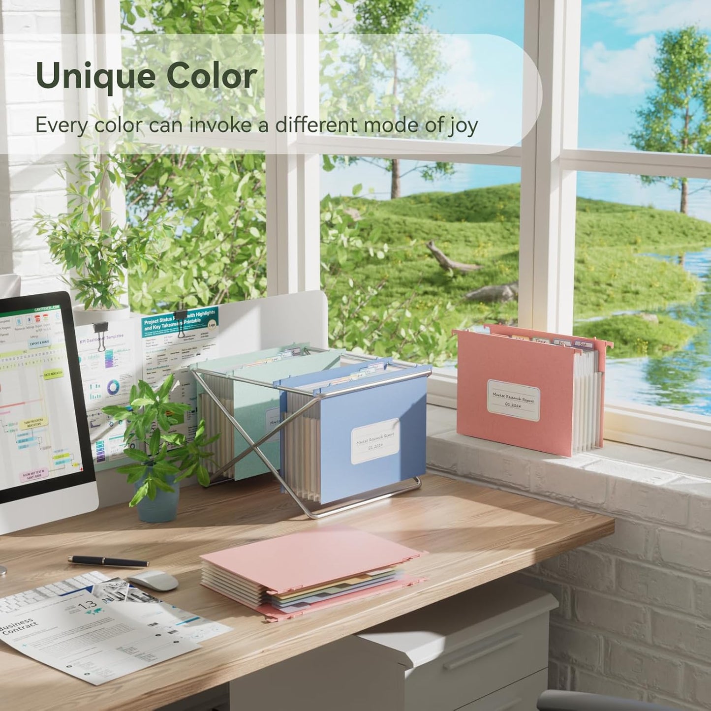 Wheat Straw Expanding Hanging File Folders, File Organizer, 1.2" Accordion Pockets, Large Capacity, Letter Size for Filing Cabinet, Healthy Living- UN Blue& Mint Green&Strawberry Pink-3 Packs