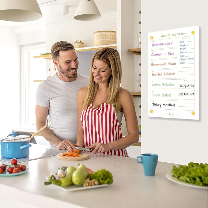 Glass Golden Weekly Dry Erase Calendar & Menu Whiteboard for Wall, Meal Planning & Grocery Shopping List White Board for Kitchen, 15x11, 7 Days Planner for Home, 4 Wet Erase Markers Included, Yeoux*