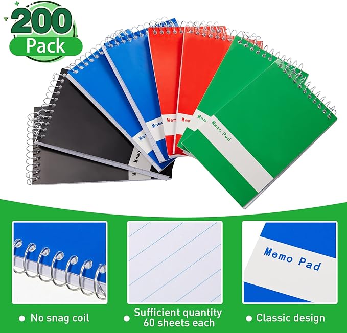 Thenshop 200 Pads Spiral Memo Bulk 3'' x 5'' Top Bound Memo Book 60 Sheets Small Mini Notebooks Lined Wire Bound Pocket Steno Book for Home, Office, School (Black,Green,Dark Blue,Red)