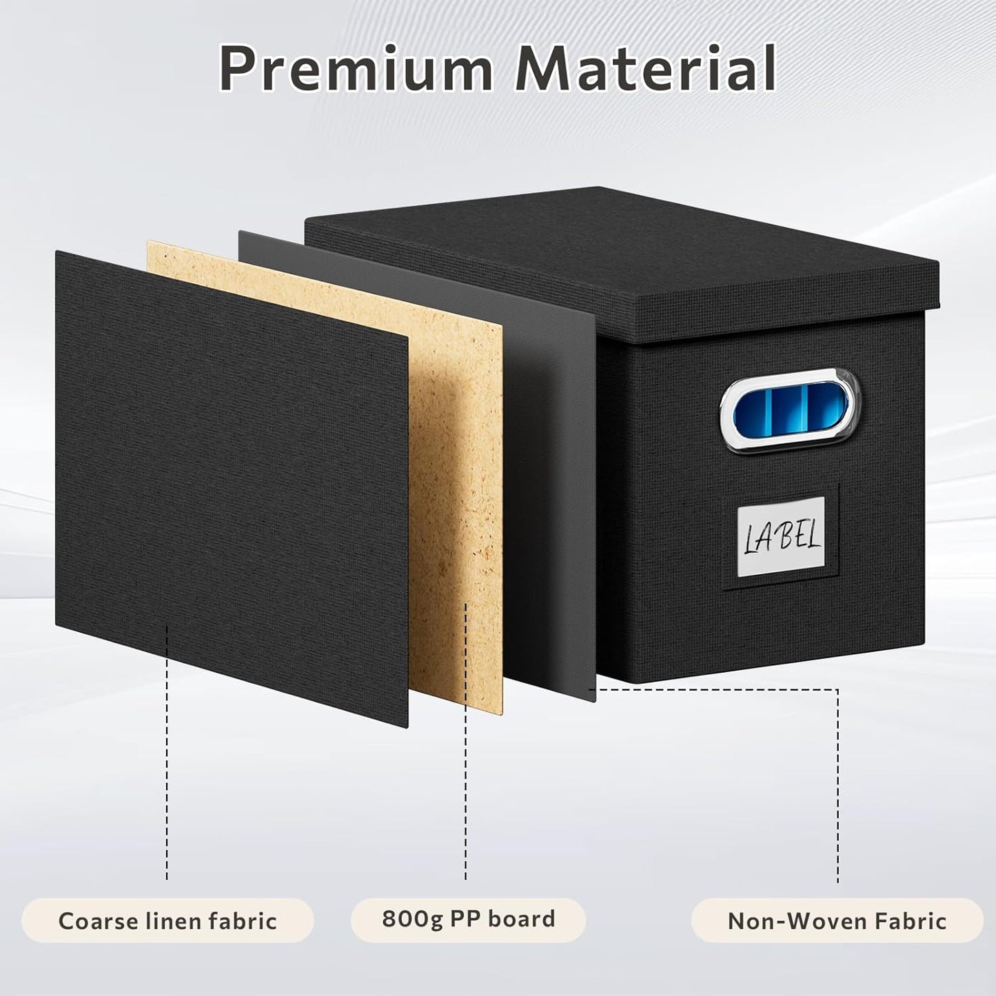 File Organizer Box with Lid - Set of 2 Portable Hanging File Box, Collapsible Linen Decorative Filing Storage Boxes for Office & Home File Cabinet (Black 14 x 9.3 x 10.9 inch)