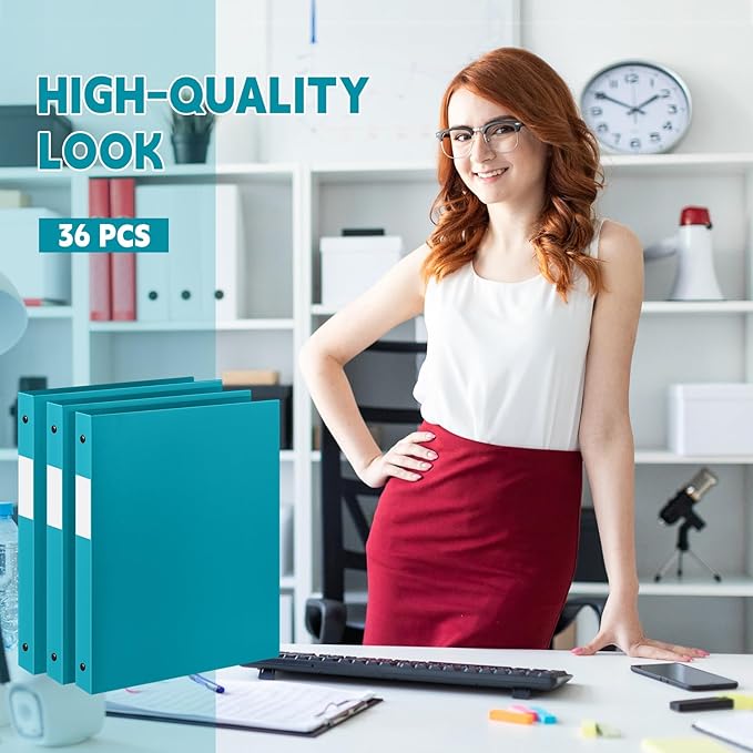 Henoyso 36 Pcs 3 Ring Binder 1/2'' Round Fits Letter Size 8. 5'' x 11'' Paper Plastic Flexible Binder Holds 100 Sheets with 1 Pockets Versatile Organizer for Office Home School (Turquoise)