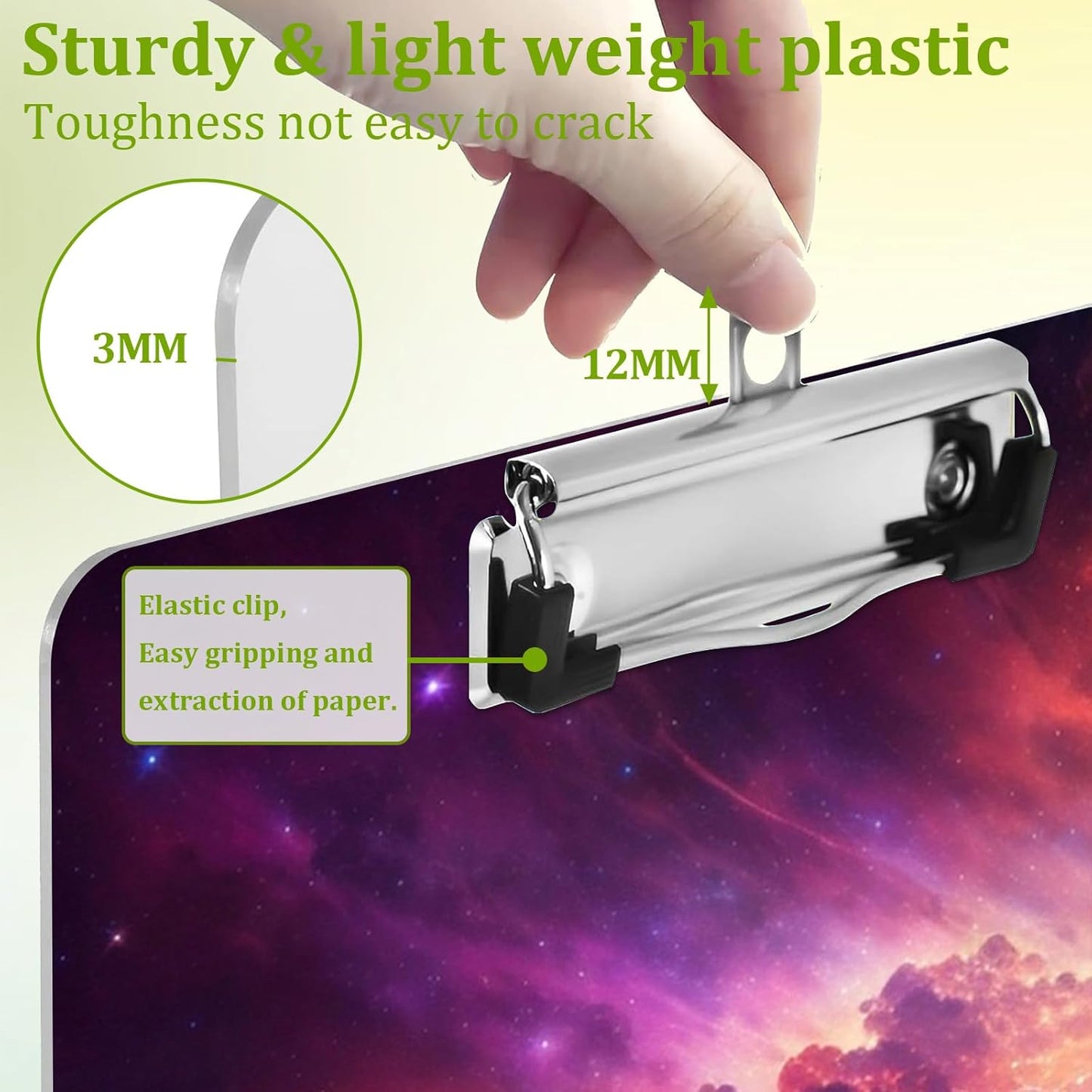 Galaxy Space Clipboard,Decorative Acrylic Clipboard with Low Profile Metal Clip for Office,School,Teachers,Students Standard Letter Size 9x12.5