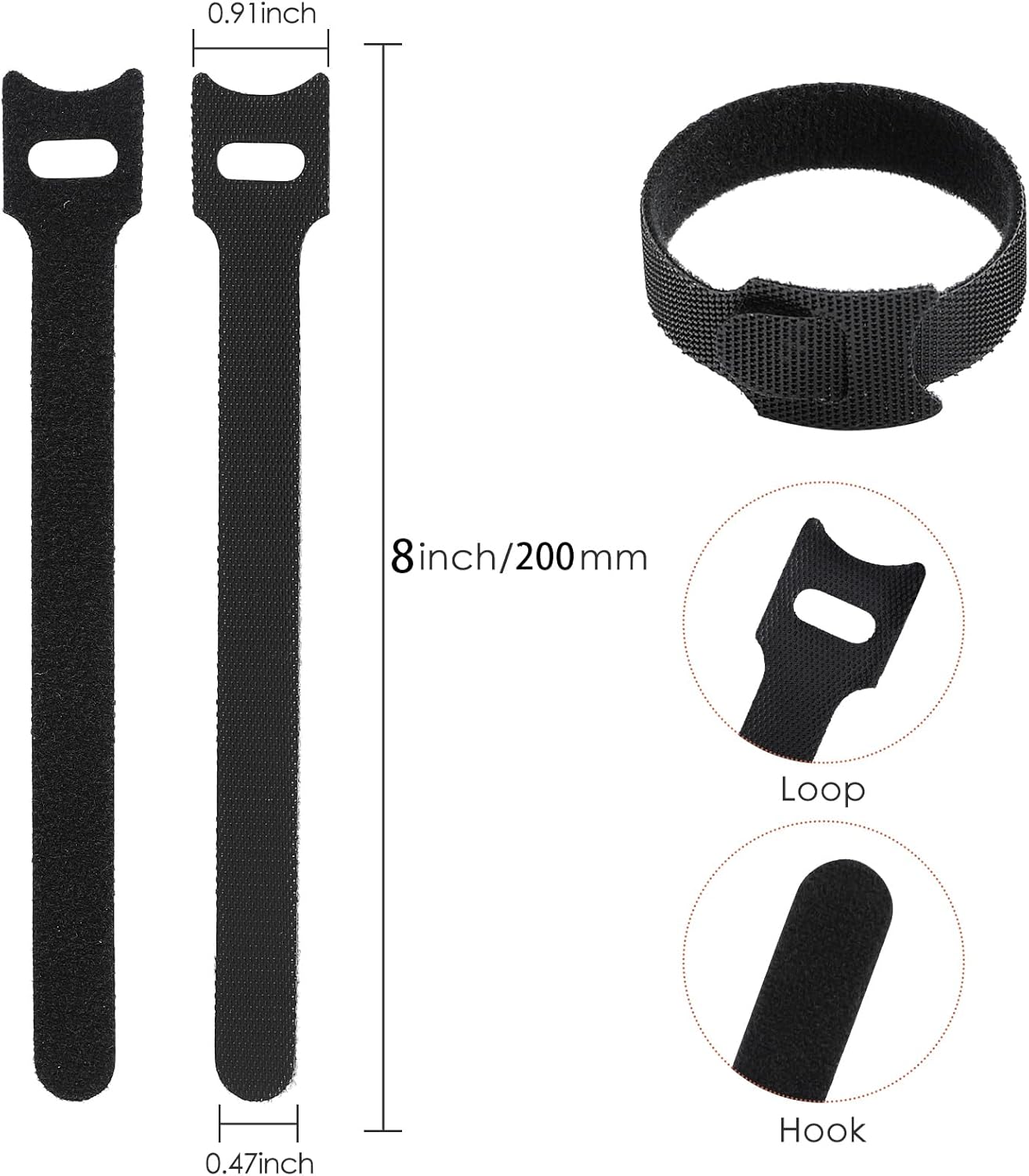 150PCS 8 Inch Reusable Cable Ties Wire Ties Cord Organizer Cable Organizer Adjustable Cable Management Black