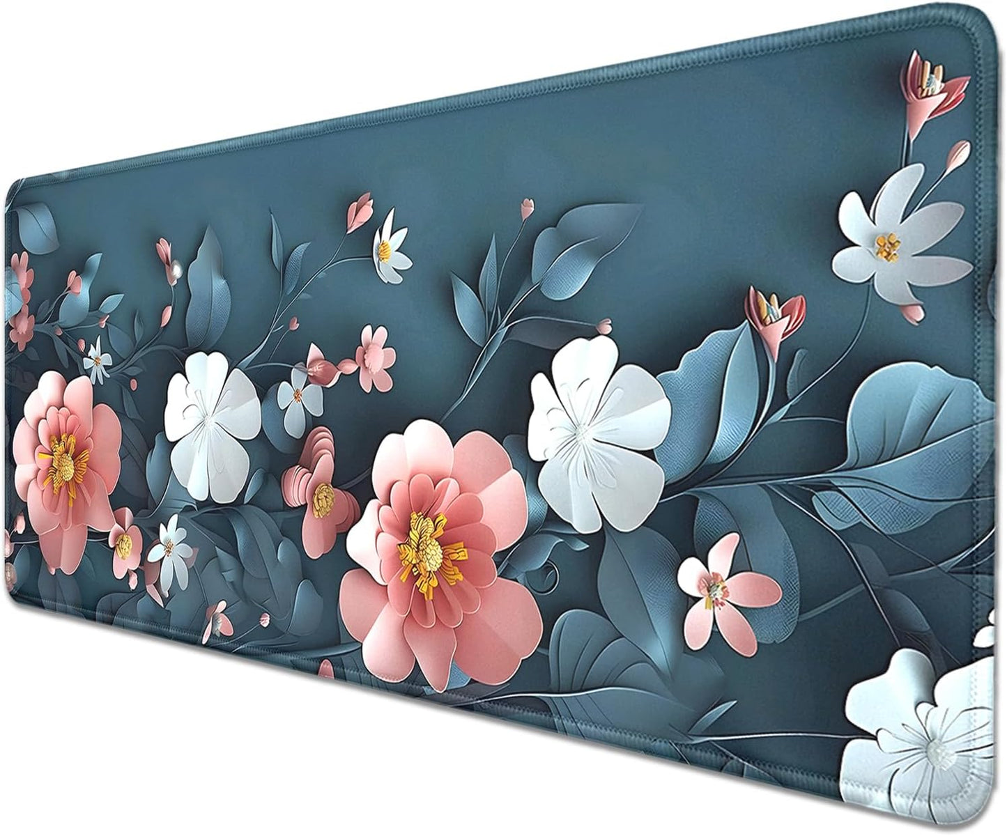 Blue Art Flowers Mouse Pad,Extended Abstract Floral Mousepad Desk Pad with Stitched Edges,Non-Slip Waterproof Rubber Base Mouse Mat for Office Computer Keyboard Laptop Home(27.5x11.8 in)