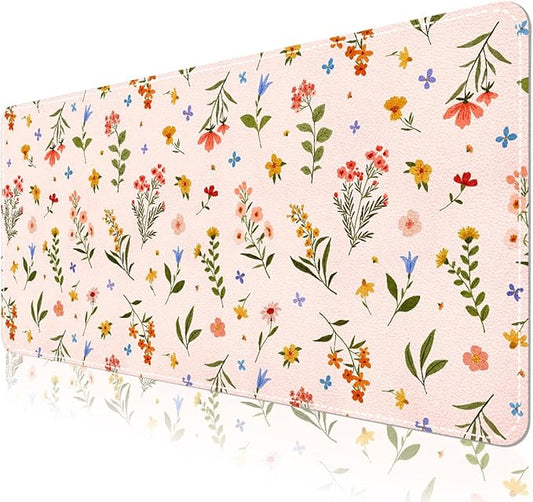 Botanical Floral Desk Pad Blotter,Large Mouse Pad 35 x 17in,PU Leather Desk Mat Writing Pad Protector, Non-Slip Waterprrof,Desktop Decor for Home Office & Gamers Women Girls (Colorful Floral)