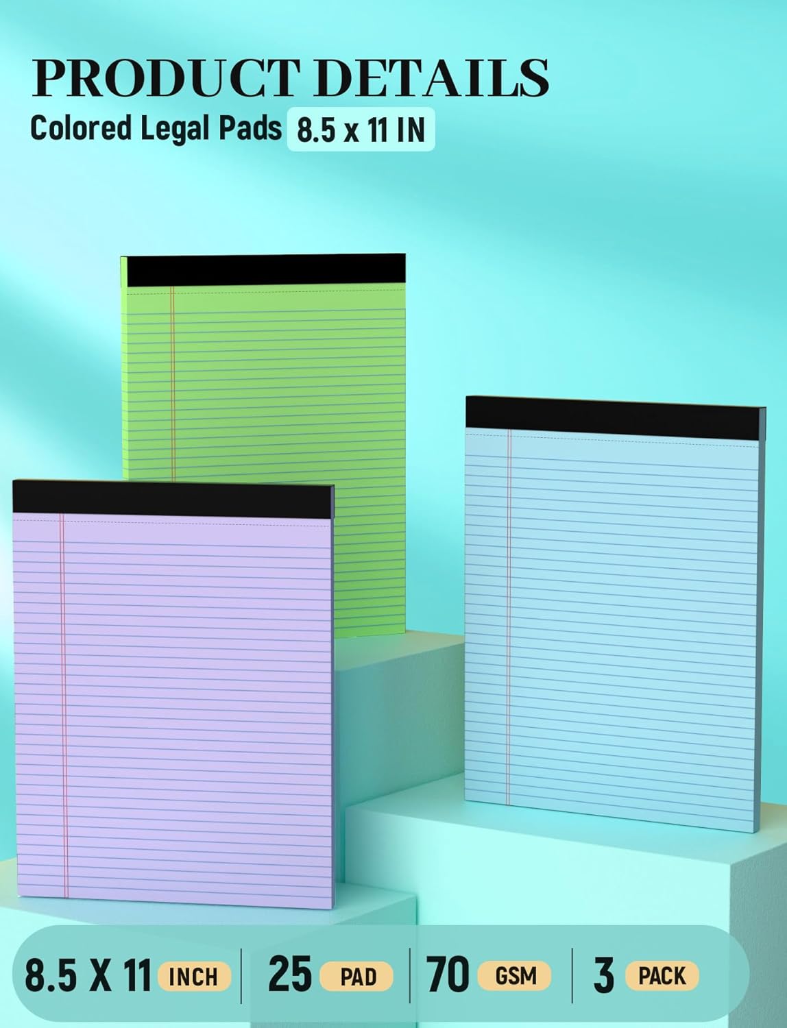 Colored Legal Pads, 3 Pack Writing Pads 8.5 x 11, Note Pads 8.5 x 11 College Ruled, Easy Tear-Off, Note Pads Lined Paper Pads 8-1/2 x 11 Notebook Paper for Office Supplies, 25 Sheets/Pad