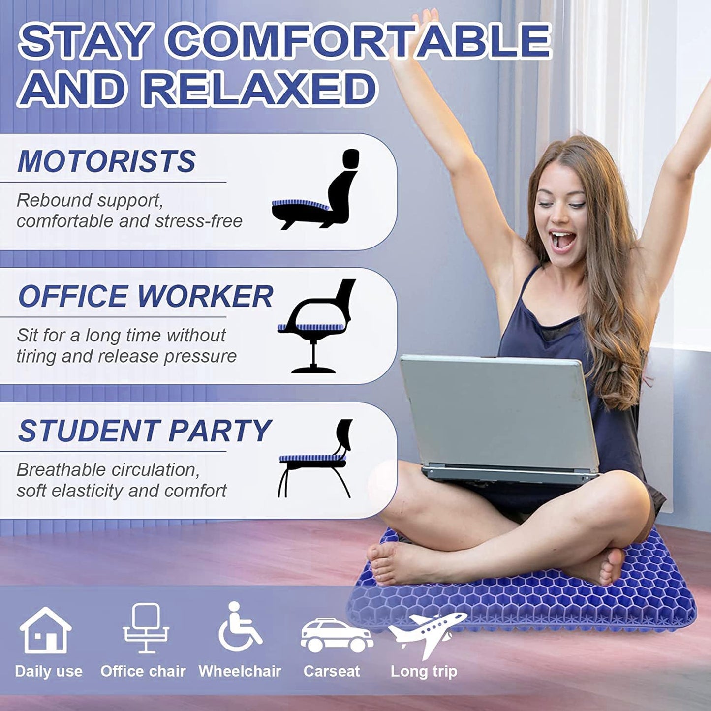 Gel Seat Cushion, 19x19inch Super Large Gel Cushion Pressure Pain Relief Seat Cushion for Long Sitting, Soft Breathable Gel Chair Pads for Home Office Wheelchair Car Seat (Blue)