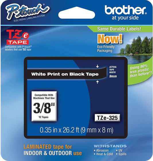 Brother Genuine P-touch TZE-325, 3/8" (0.35") Wide Standard Laminated Tape, White Print on Black Tape, Laminated for Indoor or Outdoor Use, Water-Resistant, 0.35" x 26.2', Single-Pack, TZE325