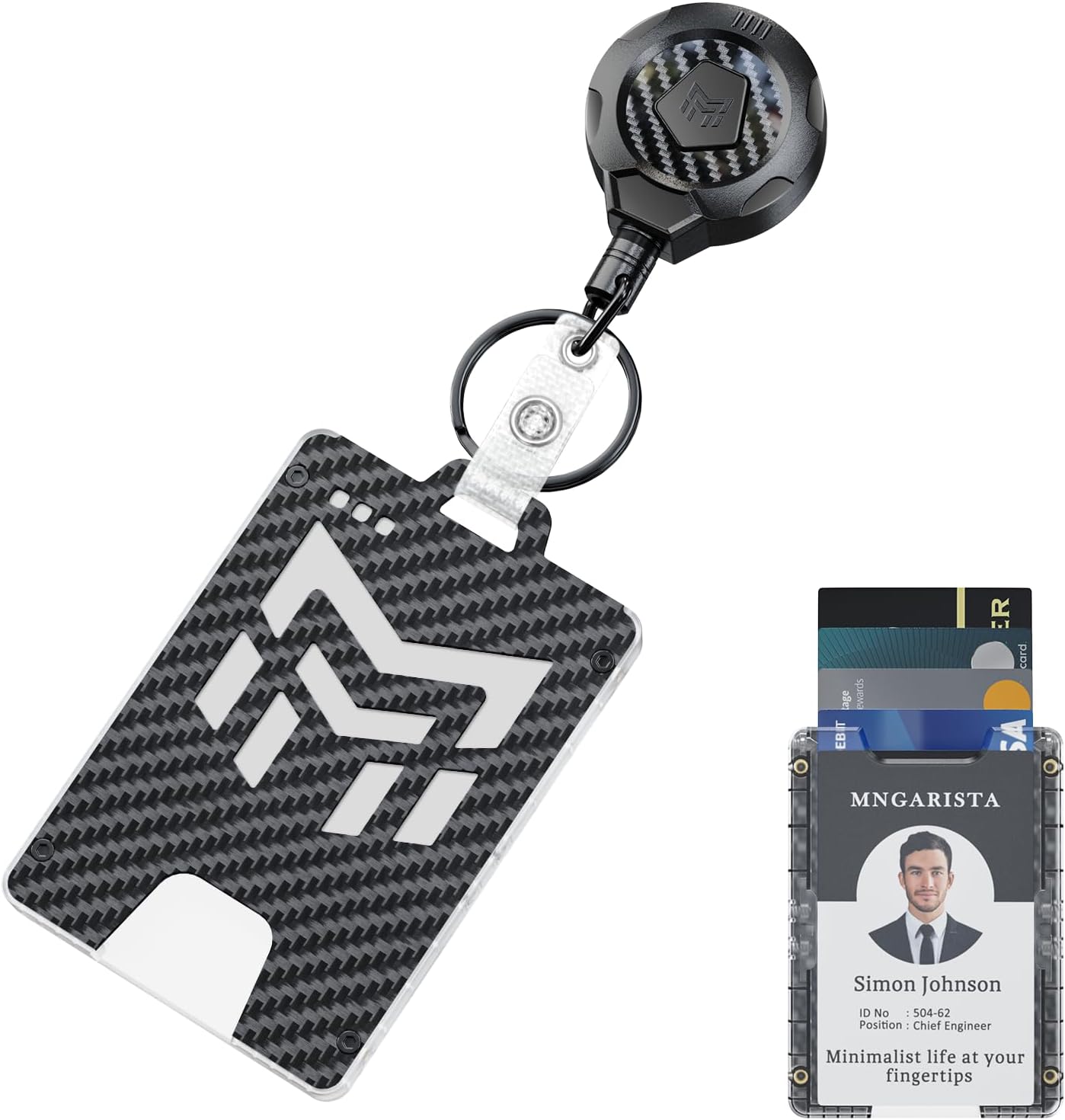 MNGARISTA Retractable Badge Holder, Heavy Duty Badge Reel Keychain with Belt Clip, 3K Carbon Fiber ID Card Holder Lanyard with 32.28" Retractable Key Chain, Black
