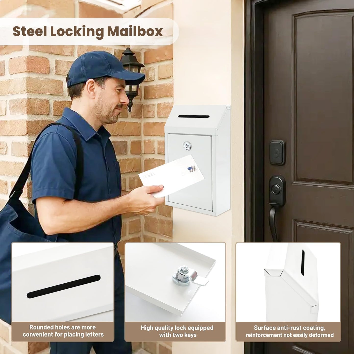 Metal Donation Money Cash Drop Box with Lock and Slot Suggestion Box Wall Mounted Ballot Container Mailbox Delivery for Home Office (White, 10.24″ x 5.71″ x 2.95″)