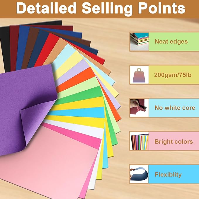 100 Sheets Colors Cardstock Craft Paper, 20 Assorted Colors 75lb Art Projects Card Stock A4 Colored Paper for DIY Cards, Birthday Decorations, School, Party