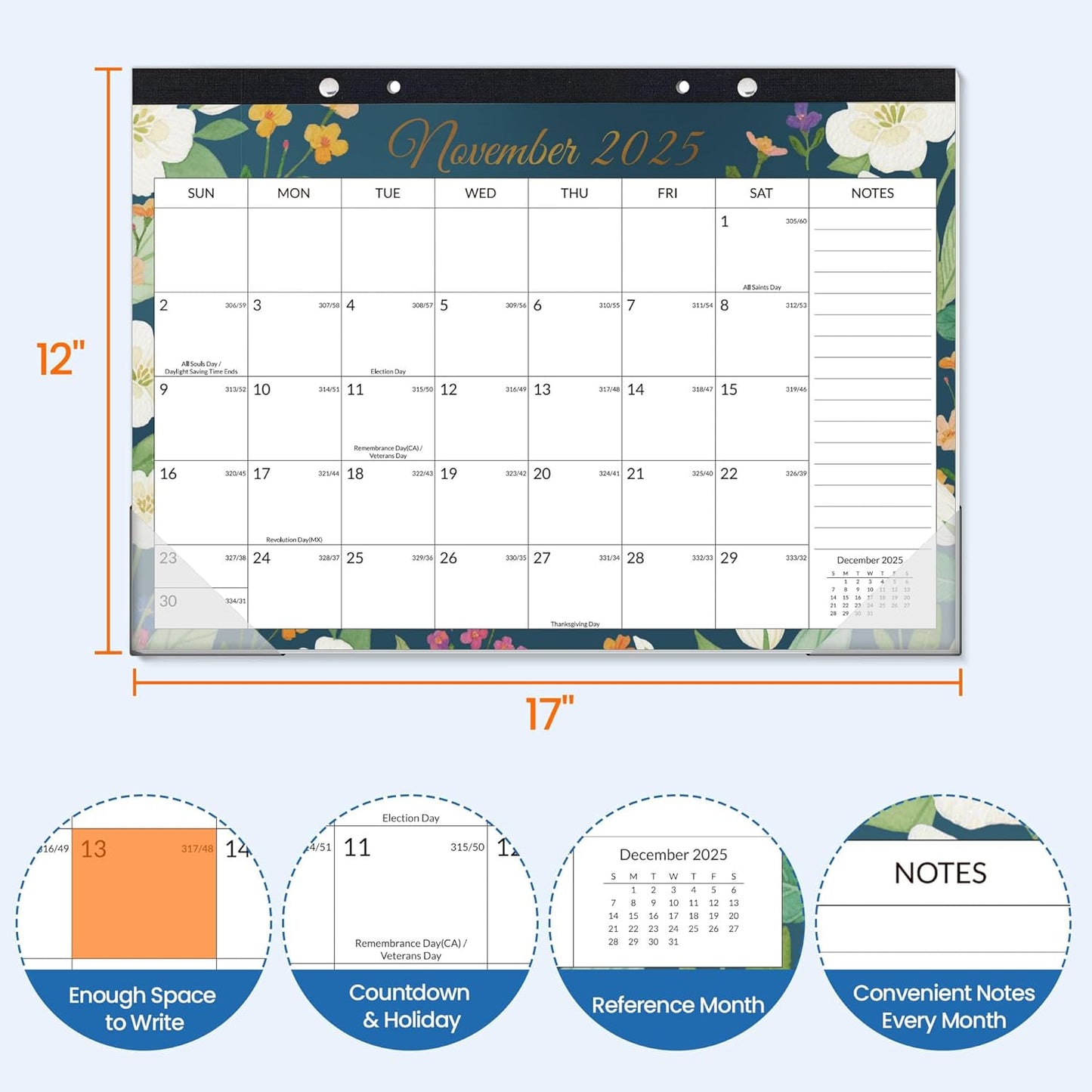 SUNEE Desk Calendar 2025-2026 - 18 Month Calendar Oct 2025 - Mar 2027, 17" x 12" Desktop Calendar with Notes, for Planning, Organizing in Family, School or Office - Colorful Floral 2026 Calendar