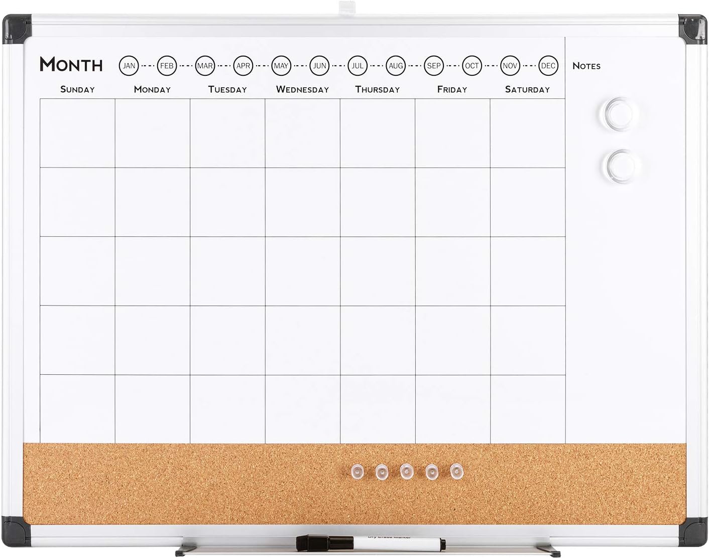 VUSIGN Monthly Calendar Whiteboard Dry Erase Cork Board Combo, 24" x 36" Planning Board, Silver Aluminium Frame
