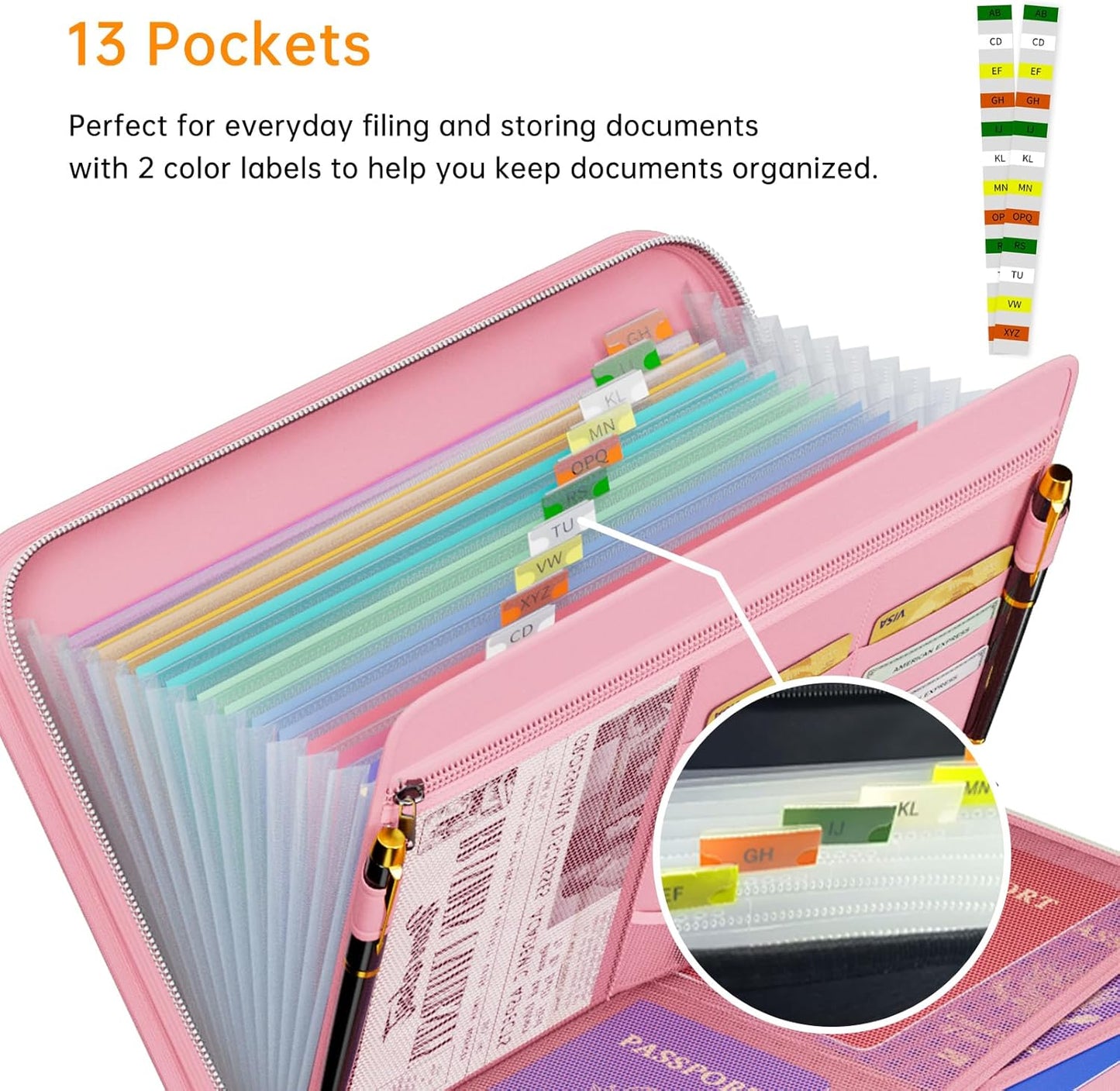 Tamfile Fireproof Accordion File Organizer with Handle, 13 Pocket Expanding File Folder with Zipper & Labels, File Folder with Multi-Pockets Paper Organizer Folder for Letter A4 Files, Pink