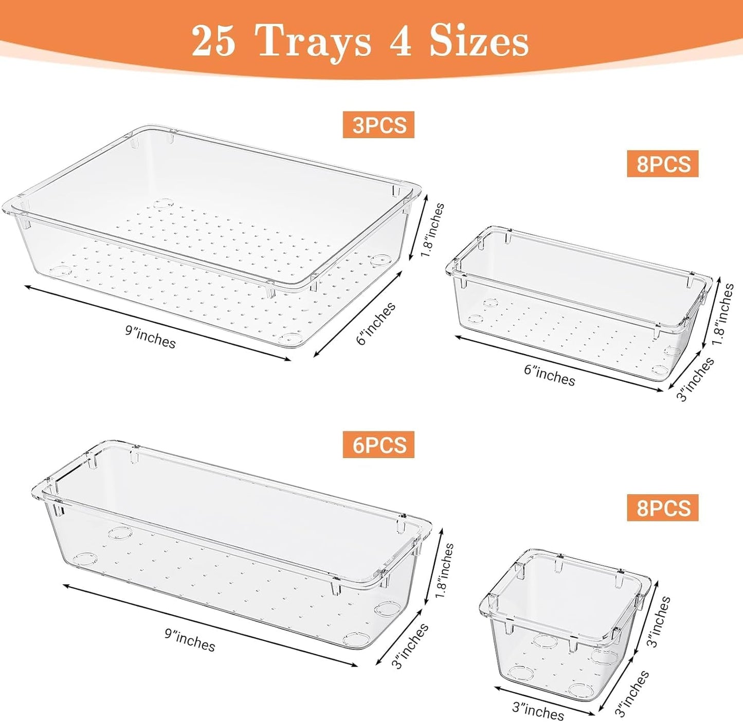 25 PCS Plastic Drawer Organizer Set, 4-Size Versatile Organizer Trays & storage Bins for Makeup, Jewelry, and Gadgets in Bathroom, Bedroom and Office,Clear White