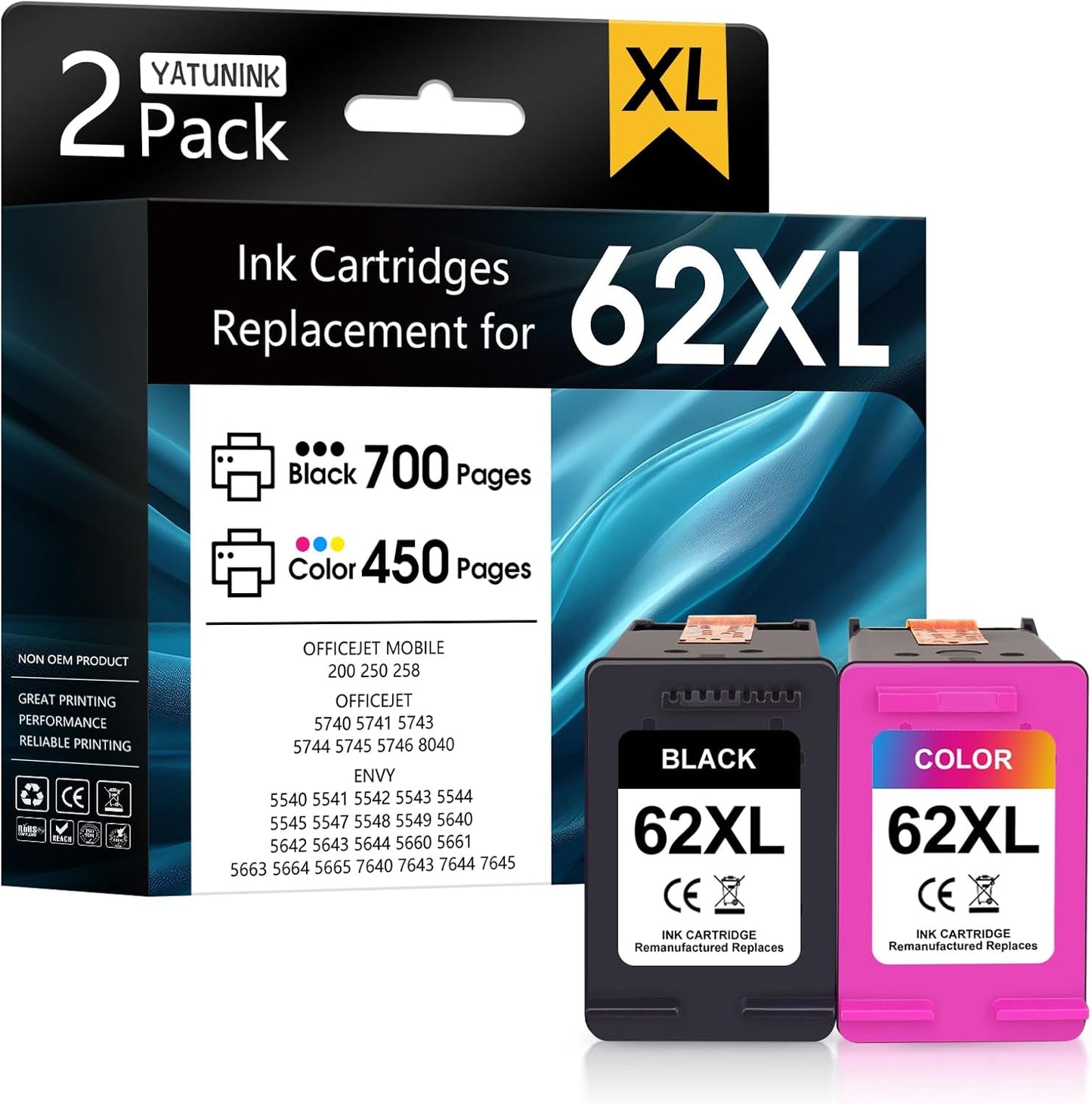 62XL Ink Cartridge Combo Pack Compatible for HP Ink 62 62XL Ink Cartridges Works with Envy 7640 5540 7645 5660 OfficeJet Mobile 200 250 OfficeJet 5740 8040 5745 7644 (Black and Color) 2 Pack