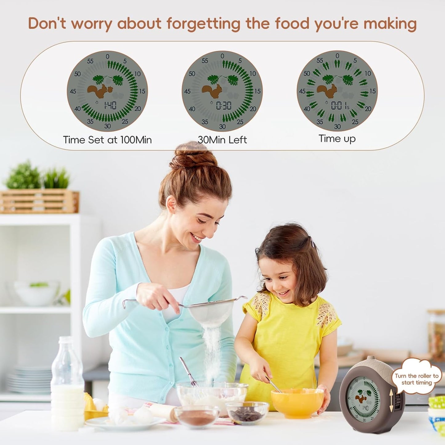 Digital Visual Timer for Kids with Protective Case, Hazelnut Theme 299 Minute Cute Squirrel Timer for Classroom Office Kitchen, Time Management Tools for ADHD Children