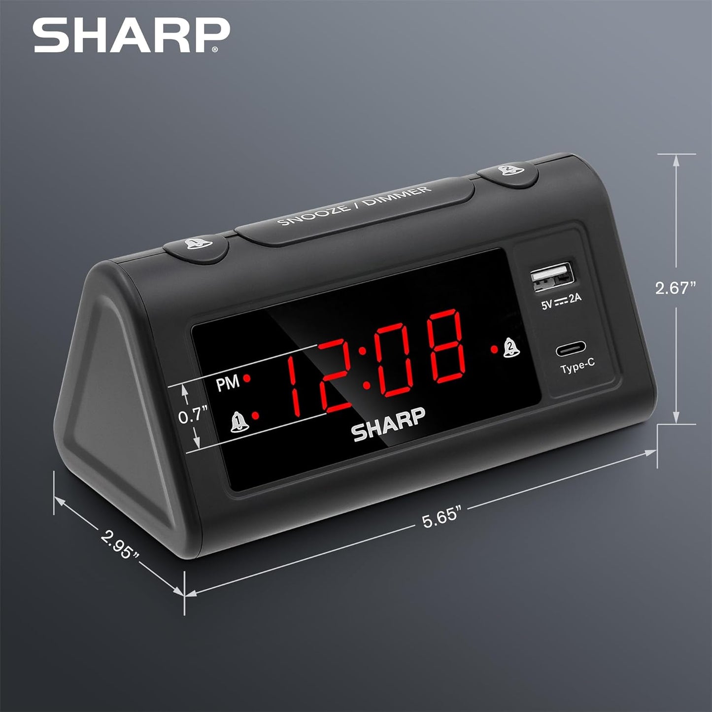 Sharp Alarm Clock for Bedrooms, Super Fast USB-C Charging and Fast 2 Amp USB Charging, 2 Alarms, 3-Step Dimmer, Snooze, Easy to Set Controls, Black with Red LED Display
