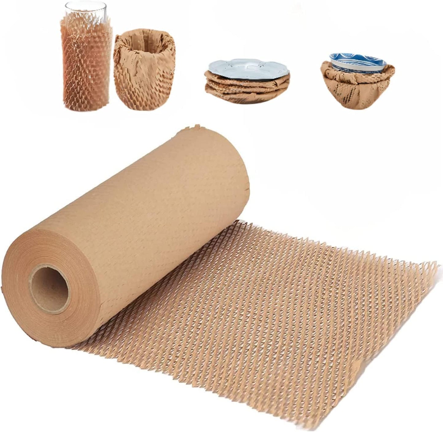 Honeycomb Packing Paper, 15"x300' Honeycomb Cushioning Bubble Wrap Paper Roll for Moving Shipping Breakables Packaging Gifts with 20 Fragile Sticker Biodegradable & Fully Recyclable Brown Kraft