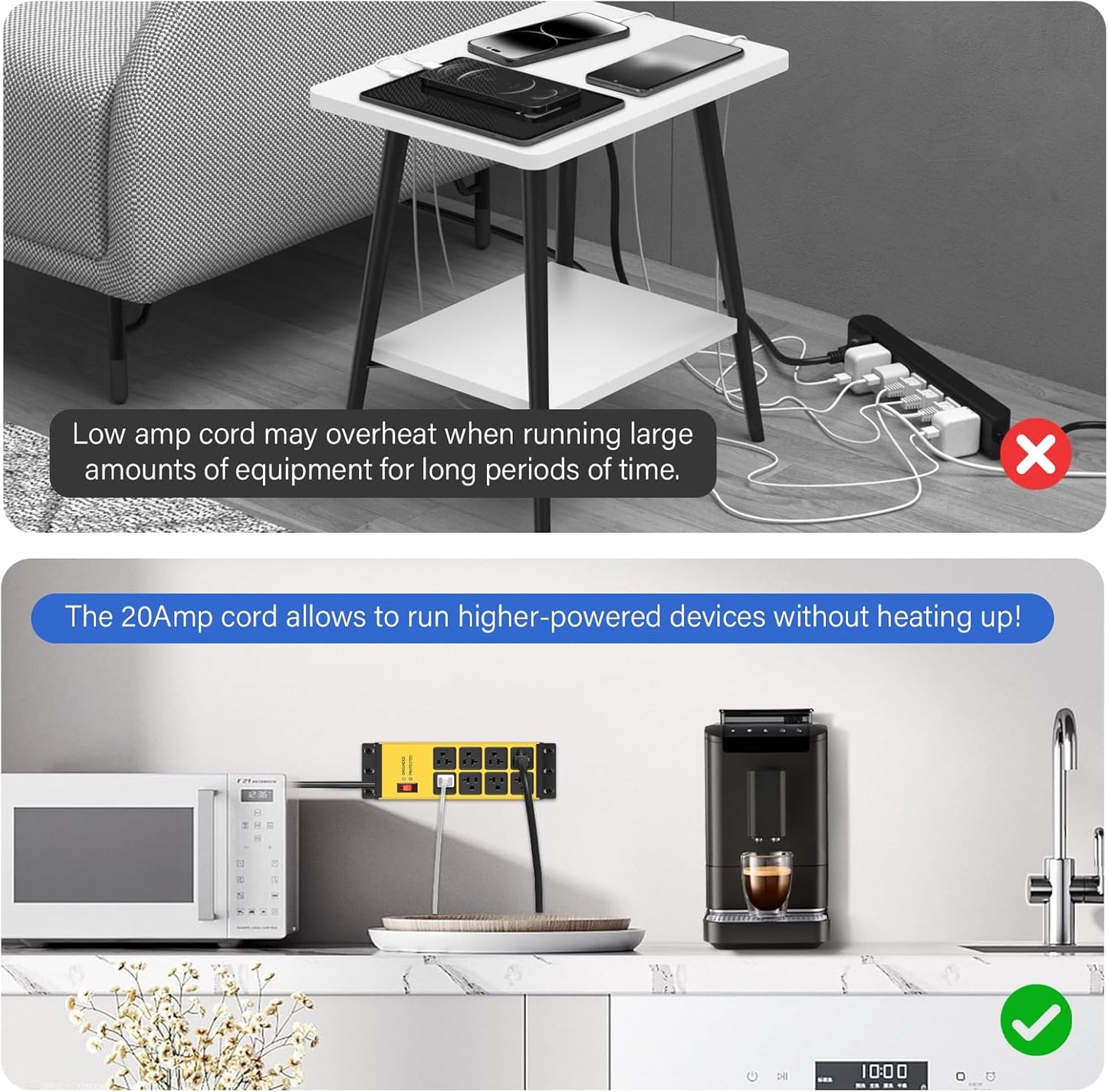 CCCEI Yellow Heavy Duty Power Strip Surge Protector 20 AMP, 8 Outlets 12 Gauge Industrial Shop Garage Metal Multiple Outlets, 12 FT Extension Cord 5-15P Adapter High Amp 6-20R T-Slot 20a for Appliance