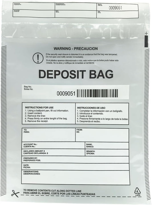 Plastic Deposit Bags 100-Pack Clear 9.5''x 15'', Security Bank Deposits Cash register Money bag for Cash,Bank Pocket,Tamper-Evident,Unique Barcode