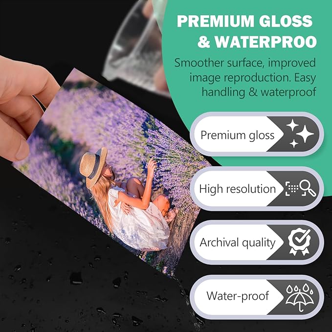 Ultra-Premium Glossy RC Photo Paper, Professional and Heavyweight Metallic Resin Coated Photo Paper, Pigment and Dye Inkjet Printer Suitable, Waterproof, 4x6, 50 Pack