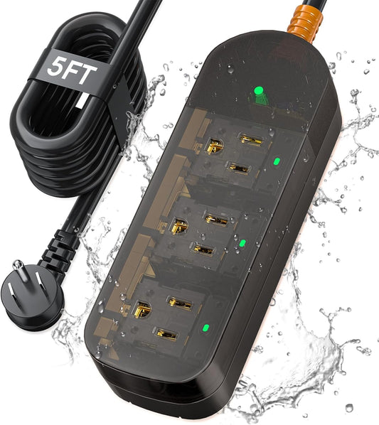 Power Strip Weatherproof, Transparent Surge Protector with 3 Wide Outlets, 1625W/13A,5FT Flat Plug Multi-Plug Outdoor Extension Cord for Indoor Outdoor, UL FCC Listed
