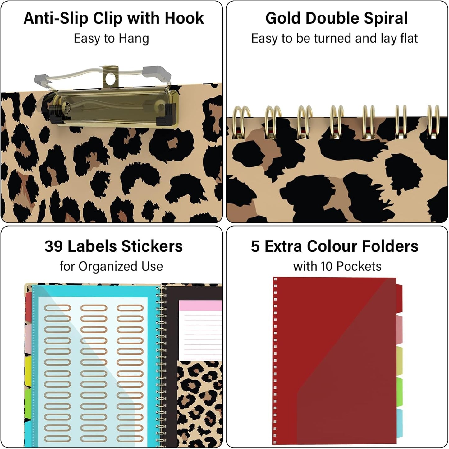 Foldable Clipboard Folio with Storage, 5 Plastic Folders with 10 Pockets,Refillable Lined Notepad (11" x 8.5"), Hardcover Project Organizer Nursing Teacher School Essentials(Cheetah Spots)