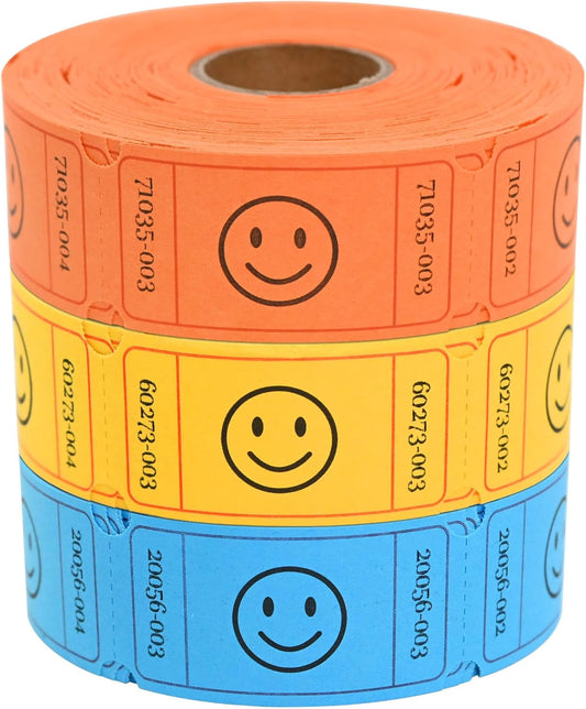 L LIKED 1500 Raffle Tickets Roll, 3 Assorted Colors, 1x2 Inch Smile Ticket for Events, Entry, Class Reward, Parties, Giveaways & Prizes (Yellow, Orange, Blue)