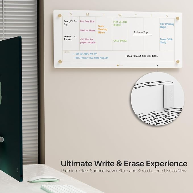 Glass Golden Weekly Dry Erase Calendar White Board for Wall, to Do List & 7 Days Planner Whiteboard for Home Office, 23x9.5, 4 Wet Erase Markers Included, Yeoux