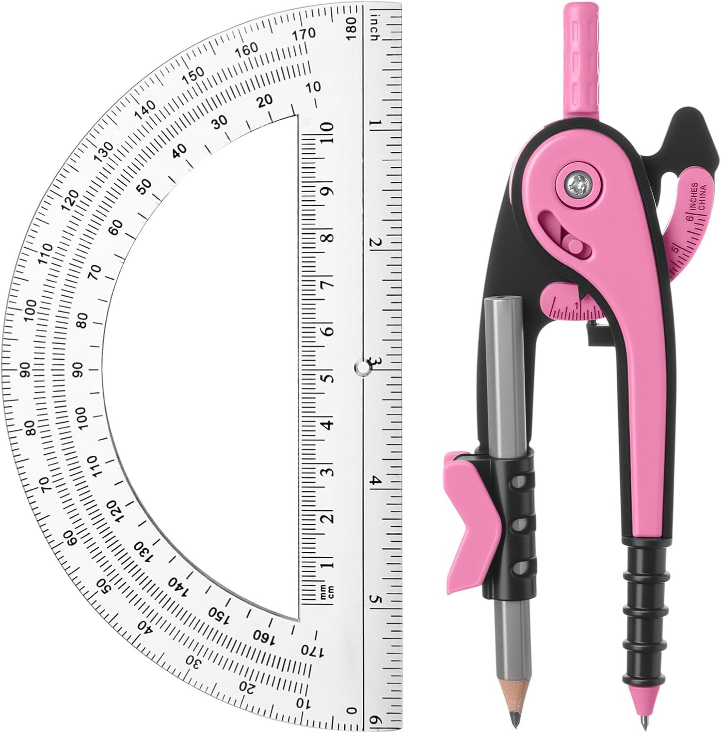 EBOOT Student Geometry Math Set, Drawing Compass and 6 Inch Clear Swing Arm Protractors 180 Degree Math Protractor(Pink)