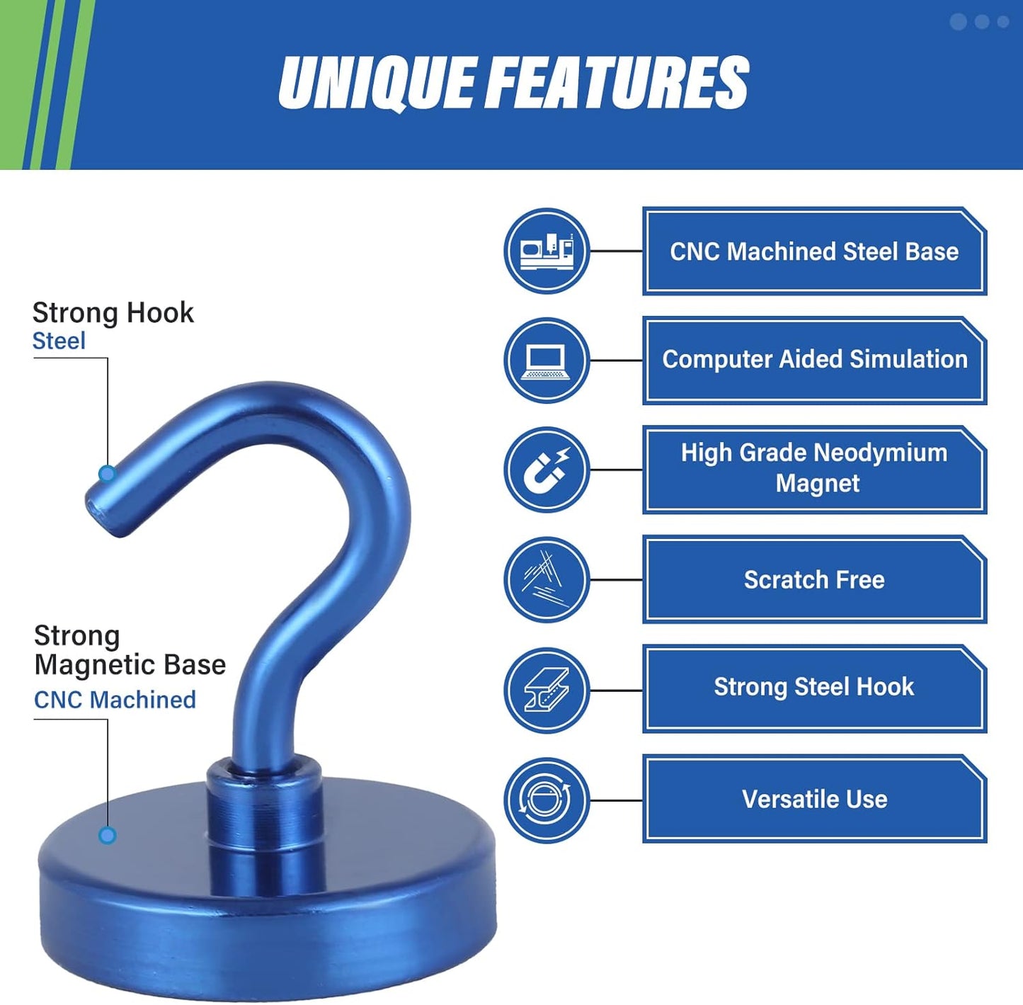 Neosmuk Magnetic Hooks Heavy Duty, Strong Magnet with Hook for Fridge, Super Neodymium Extra Strength Industrial Hooks for Hanging, Magnetic Hanger for Toolbox, Cruise, Grill(Navyblue,4 Pack)