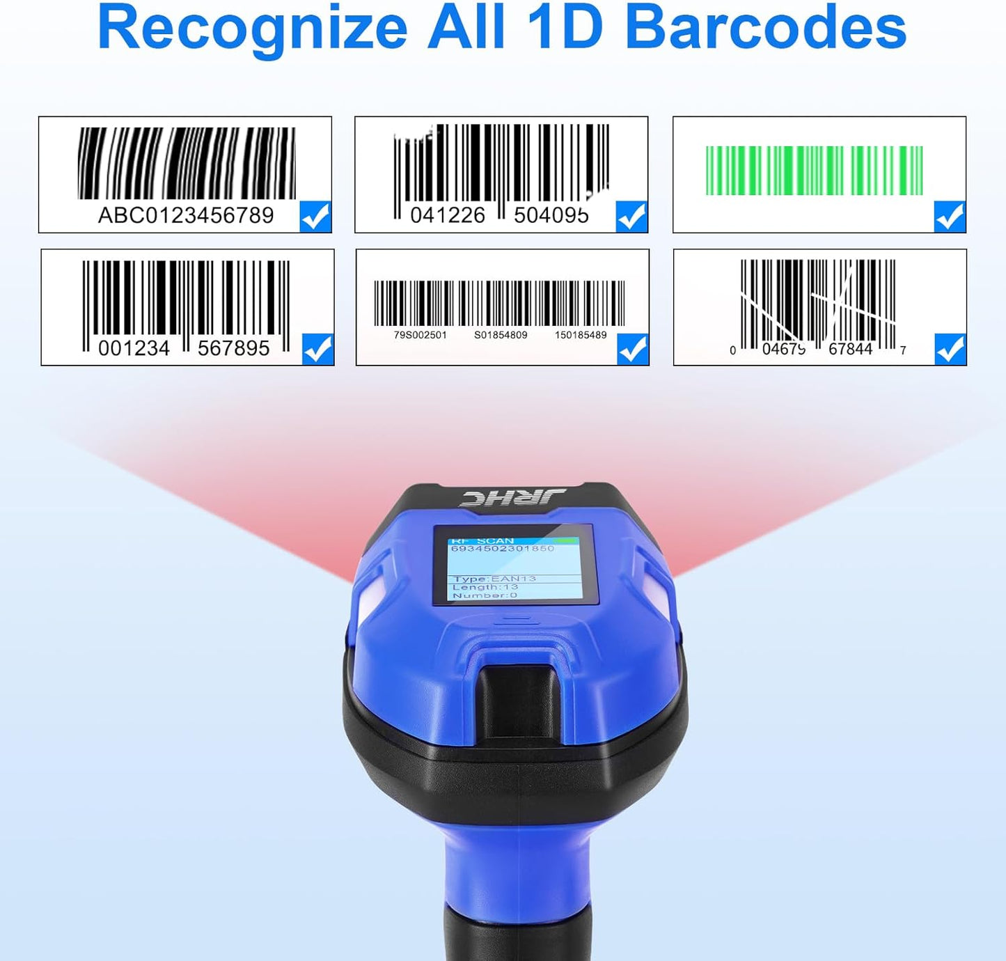 Barcode Scanner Industrial, Wireless 1D Laser Bar Code Scanners 2 in 1 Plug and Play Rugged Heavy Duty & IP65 Waterproof, Long-Distance Wireless Handheld Barcode Reader with 1.8" Screen
