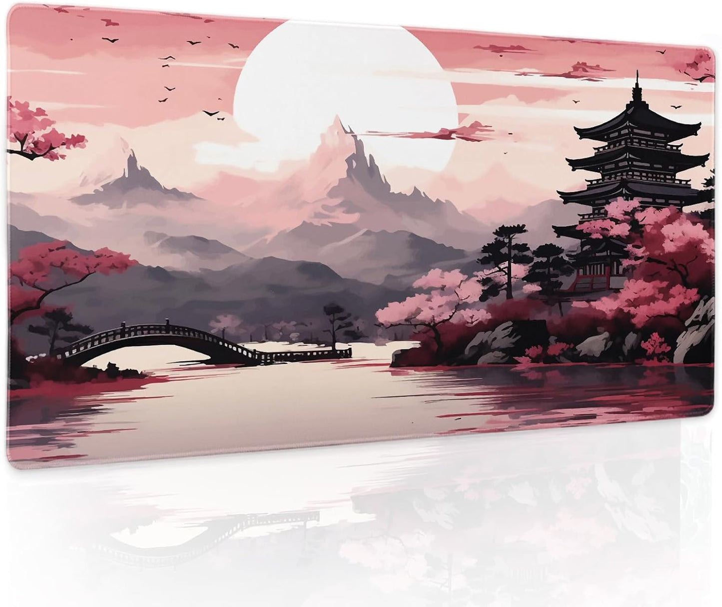 Pink Japanese Sakura Gaming Mouse Pad Large XL Cherry Blossom Tower Mountain Landscape Extended Desk Mat Big Mousepad Non-Slip Rubber Base Stitched Edge Long Desk Pad for Computer,24x14 in,60x35cm