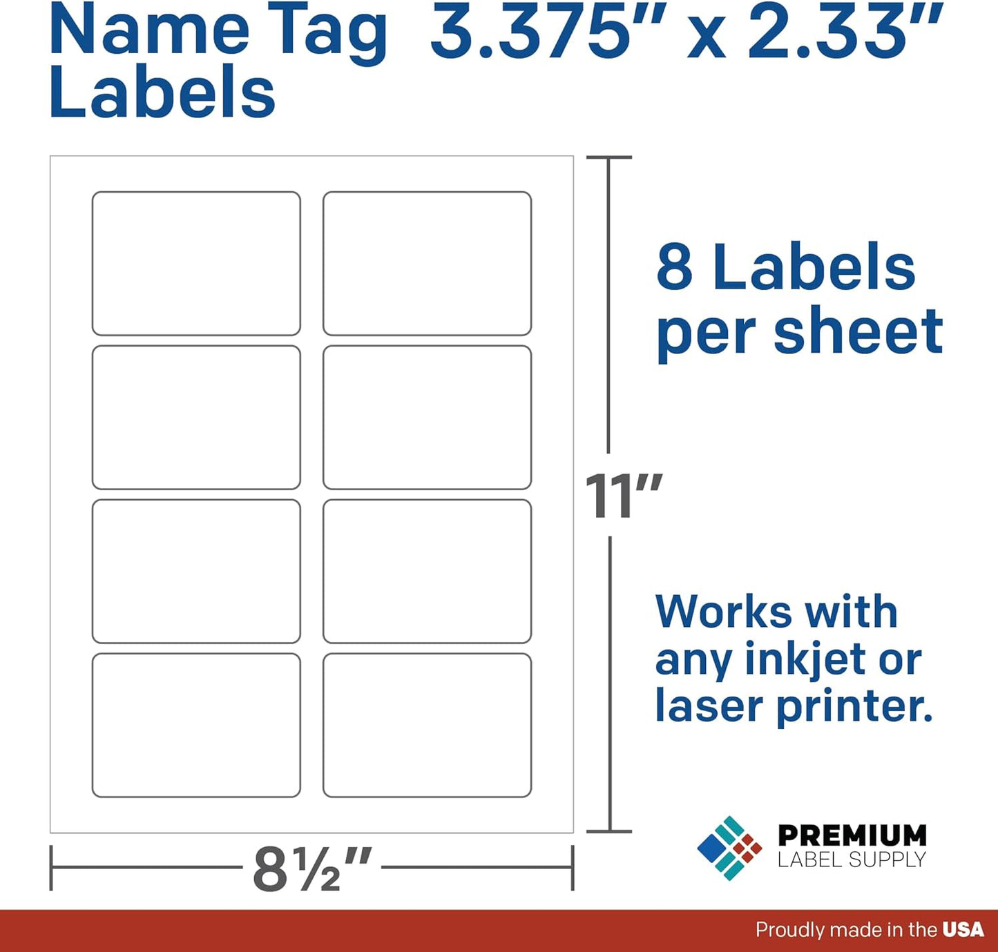 Premium Label Supply Blank Printable Name Tag Stickers - 2-1/3" x 3-3/8" - Laser/Inkjet Compatible – (8 per Sheet) 500 Sheets – 4000 Total Adhesive Name Tag
