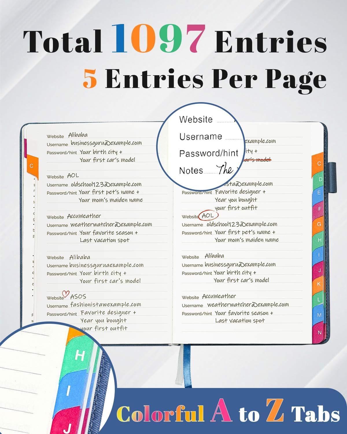 Password Keeper Book with Colorful Alphabetical Tabs, Hardcover Password Log-book for Internet Password and Website Address, 5.8"×8.4" Password Notebook for Home Office (Denim Blue, Medium (5.8 x 8.4 Inch))