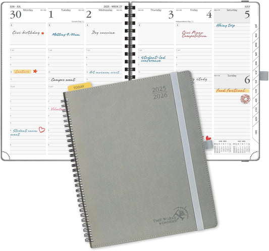 POPRUN Planner 2025-2026 (Large - 8.5'' x 10.5'') Academic Weekly Calendar (July 2025 - June 2026) with Hourly Time Slots, Monthly Tabs, 100GSM Thick Papers, Spiral Leather Cover - Grey