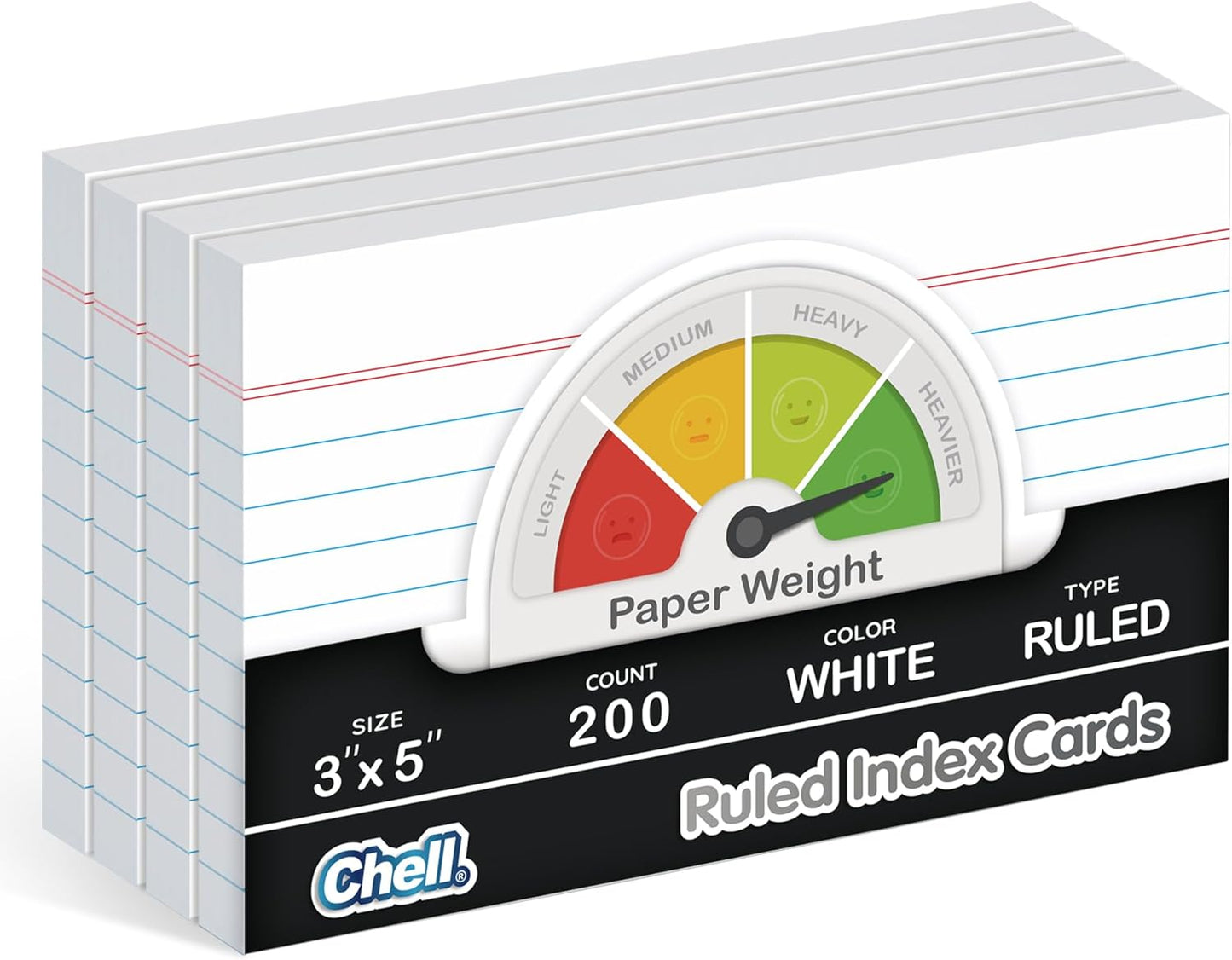 Chell Extra Heavyweight Ruled Index Cards 3x5 Inch, No Bleed-Through, 200 Count, Ruled Front and Blank Back, 85 lb. Cover Weight, White