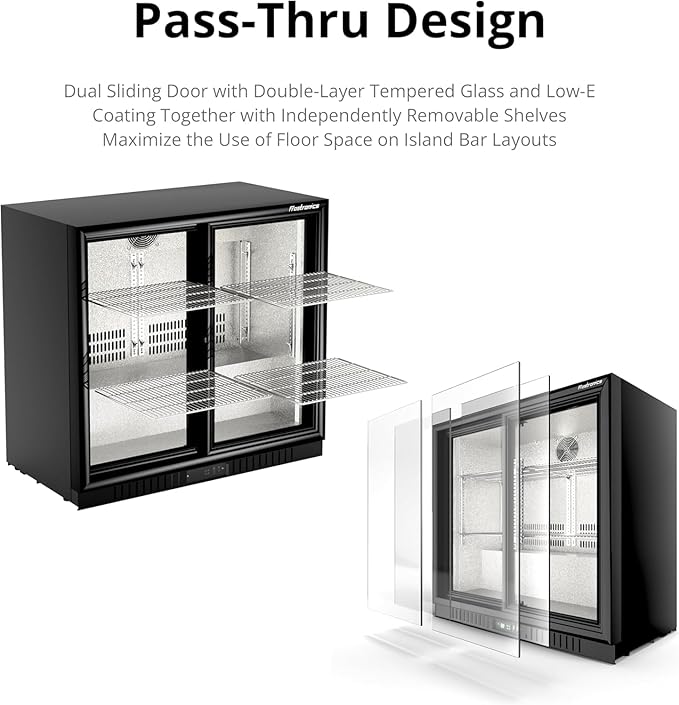 36 Inch 228 Cans Double Door Back Bar Beverage Cooler, 6.5 cu. ft. Under Counter Glass Bar Fridge With Sliding Door, Lockable, 32-50F Display Refrigerator, ETL & NSF7 Certified