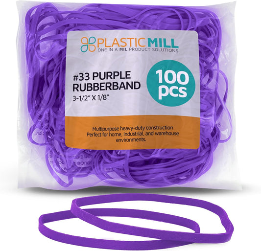 PlasticMill Purple Rubber Bands Size 33 (3 1/2" x 1/8") - #33 Colored Rubber Bands Office Supplies - Strong, Elastic Bands for Crafts, Balloon Garland, Cash, File Folders (100-Pack)